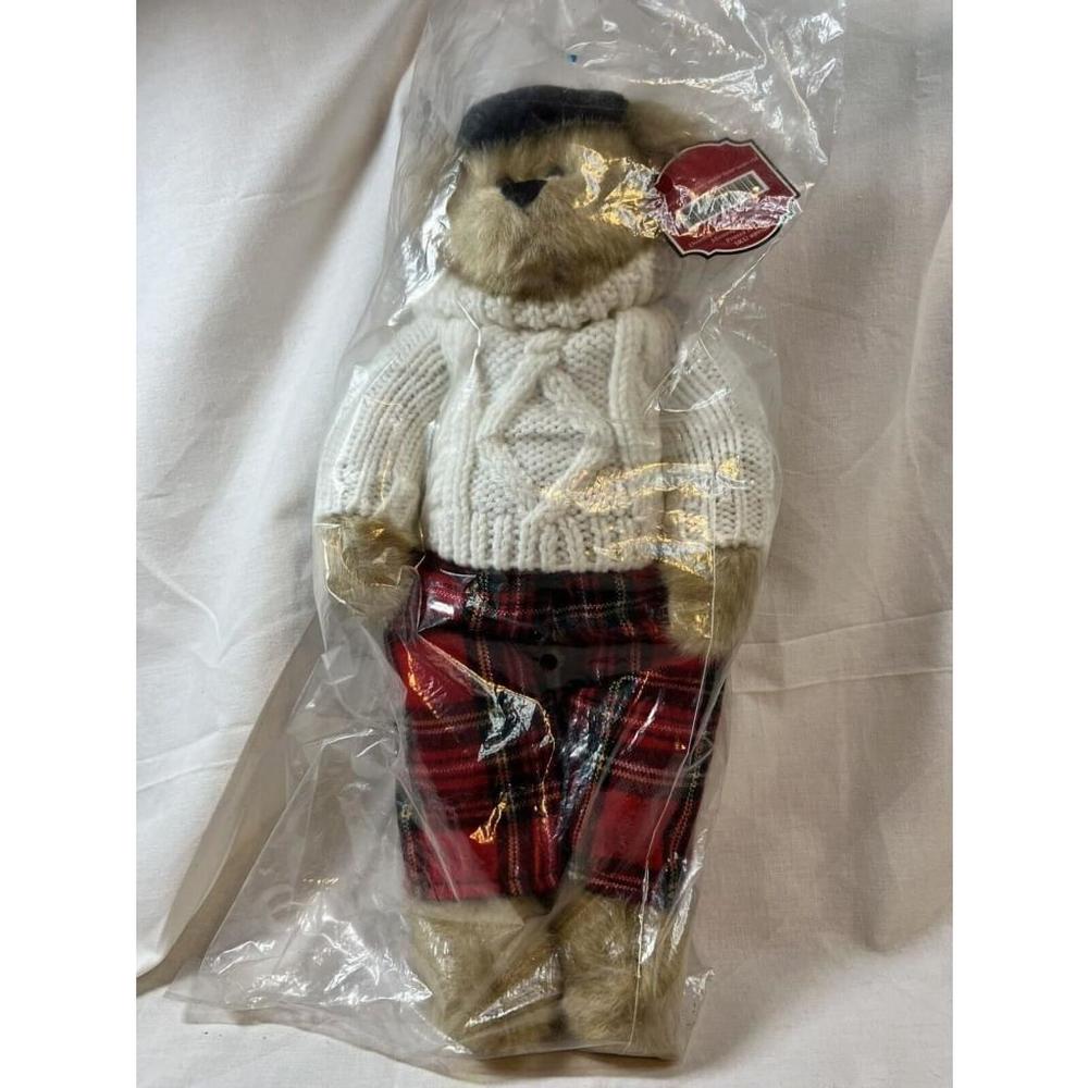 Fergus Teddy Bear Plush White Cable Knit Sweater Red Plaid Pants Black Beret NWT